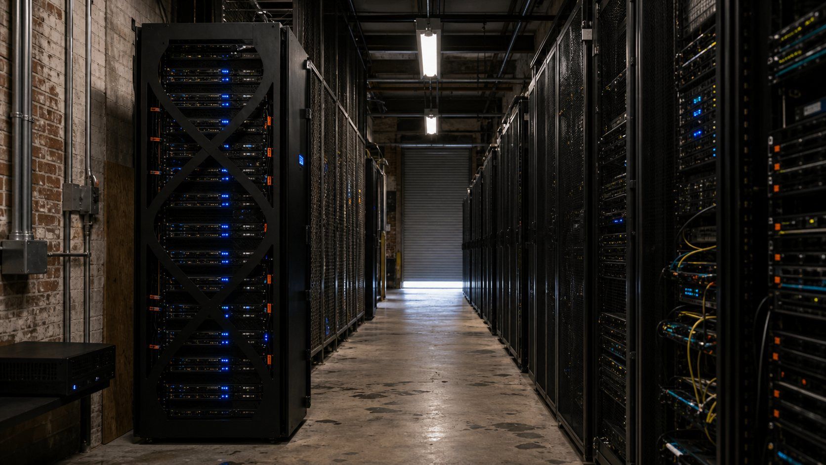 The main aisle of the Elizabeth facility with installed server racks